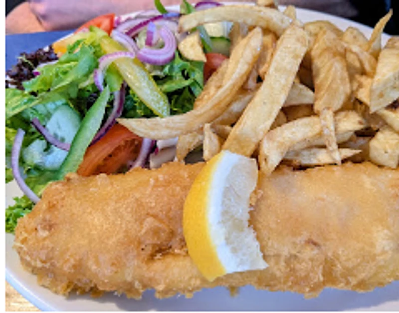 Battered fish, chips and salad