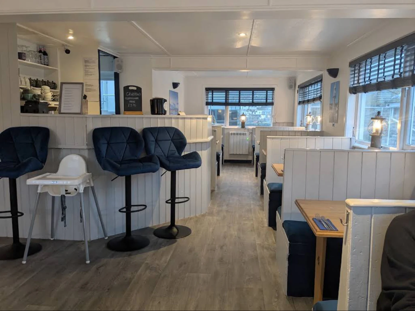 The bright upstairs restaurant at The Balancing Eel